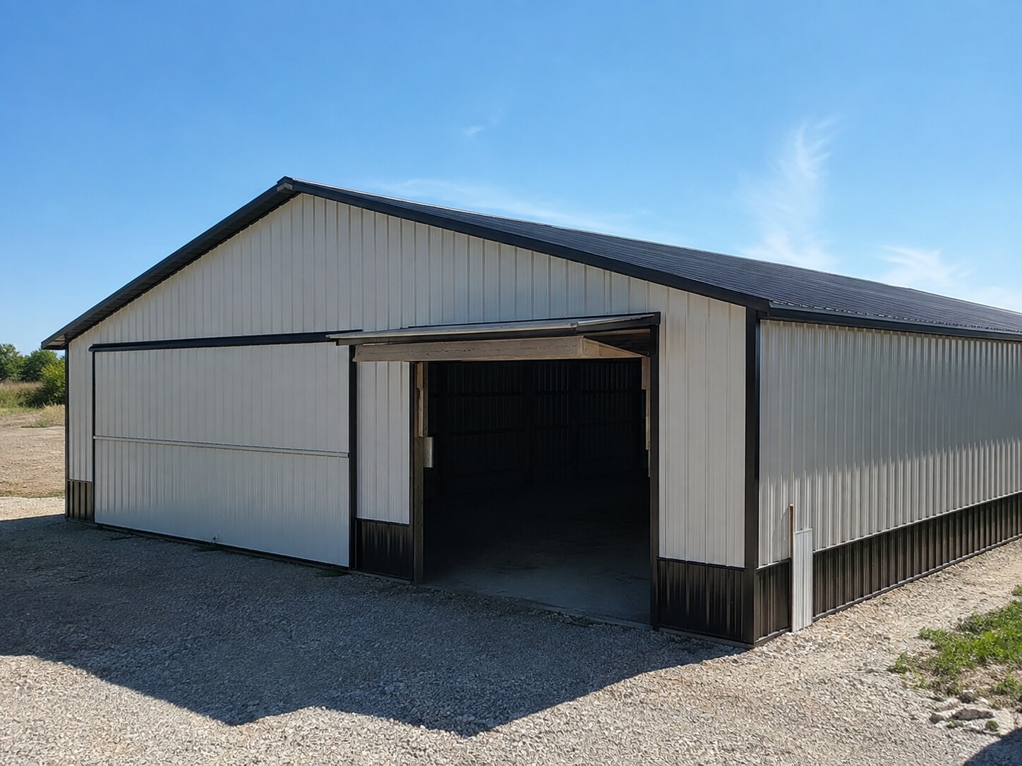 Long gray equipment building with dark trim on a gravel pad