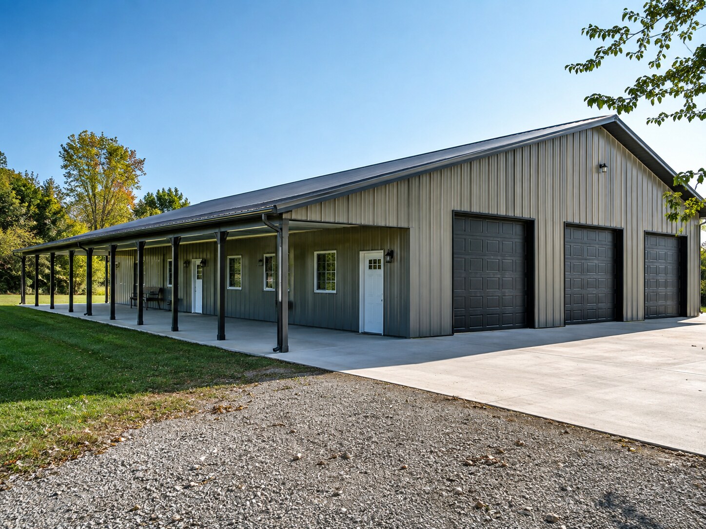 Long white and gray agricultural commercial building seen from above
