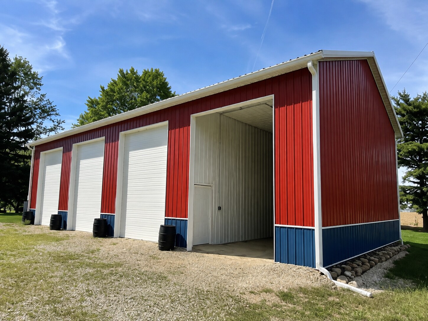 Red agricultural barn with metal roof on an Indiana farm