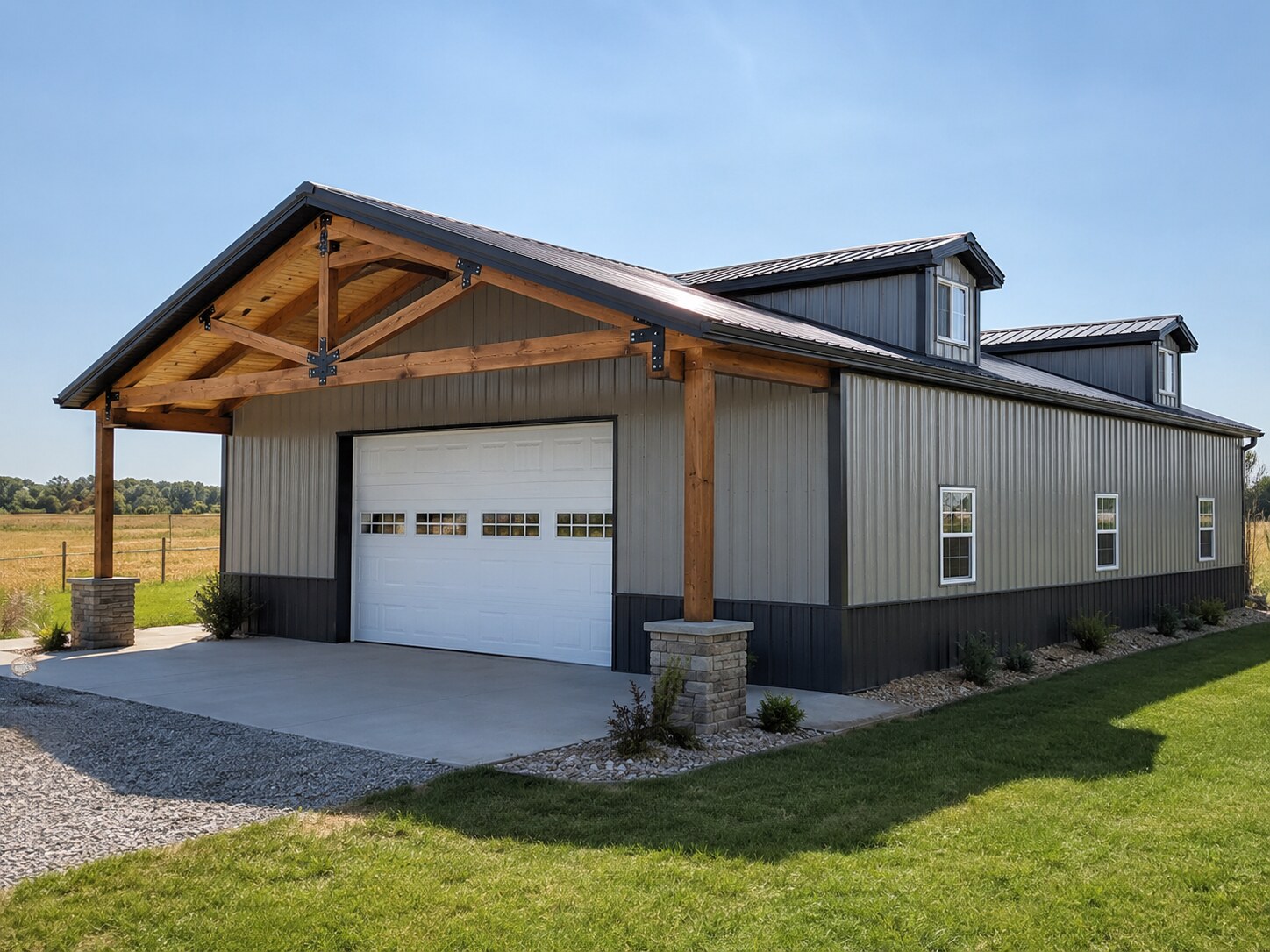 Large red agricultural building with white trim and wide drive